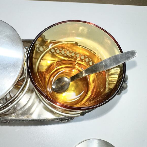 Vintage Condiment Set Spoons & Caddy Amber Glass Jars Ducks Spain - Picture 3 of 6